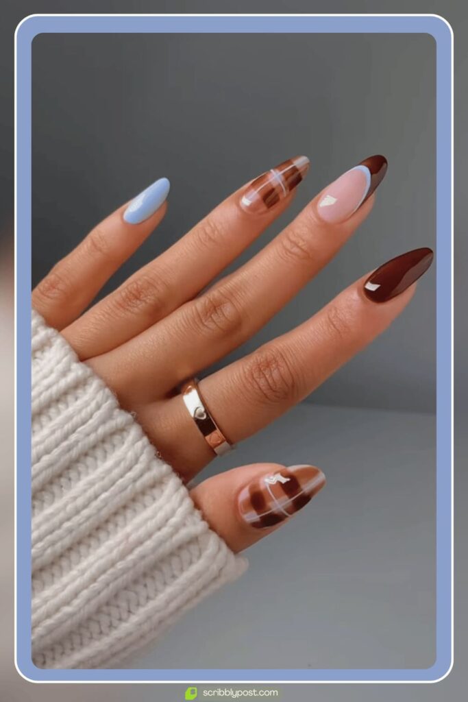 Blue & Brown Modern Plaid Mix Nails