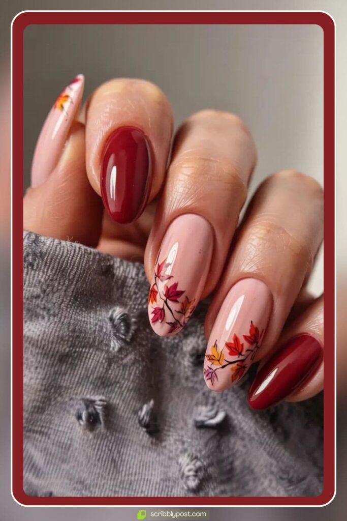 Burgundy & Nude with Fall Leaf Art