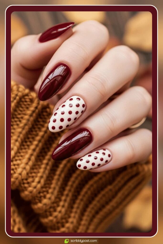 Burgundy & Polka Dot Retro Nails