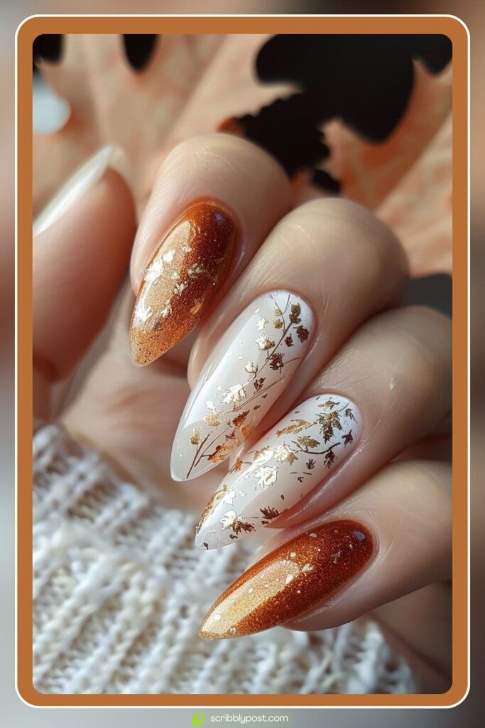 Copper Glitter & White with Gold Leaf Nails