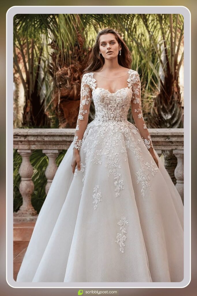 Embroidered Lace Ball Gown with Illusion Neckline