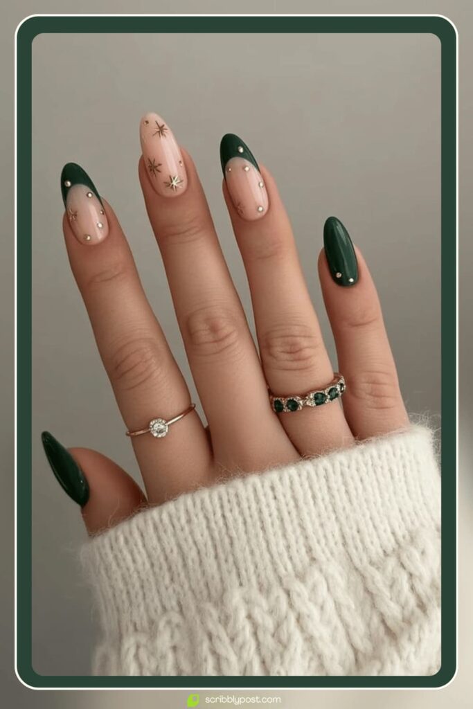 Forest Green and Gold Stars Nails