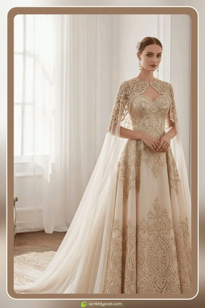 Gold Embroidered Gown with Cape