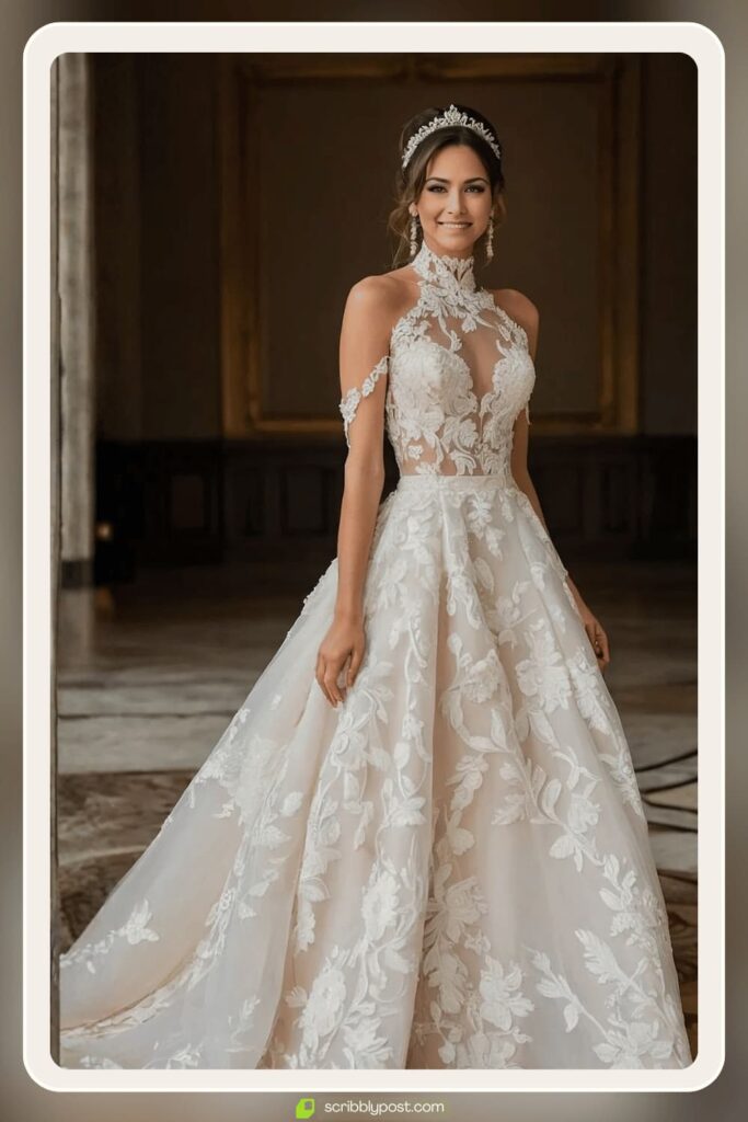 High-Neck Lace Bodice Ball Gown