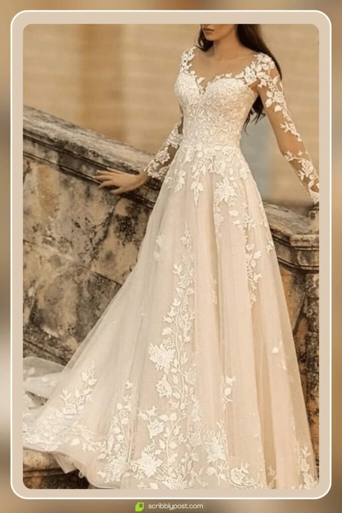 Long Sleeve Lace Illusion Ball Gown