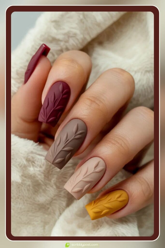 Matte Textured Leaf Pattern Nails