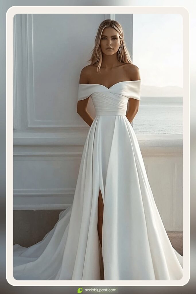 Minimal Off-Shoulder Satin Gown with Slit