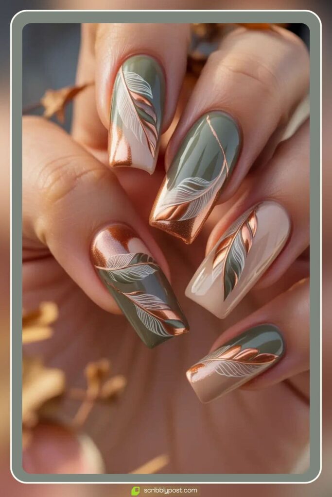 Olive, Copper & Beige Leaf Accent Nails
