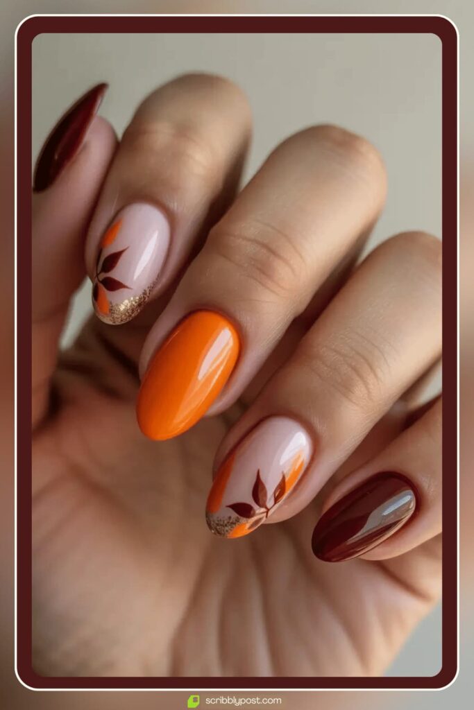 Orange and Burgundy Fall Leaves Nails