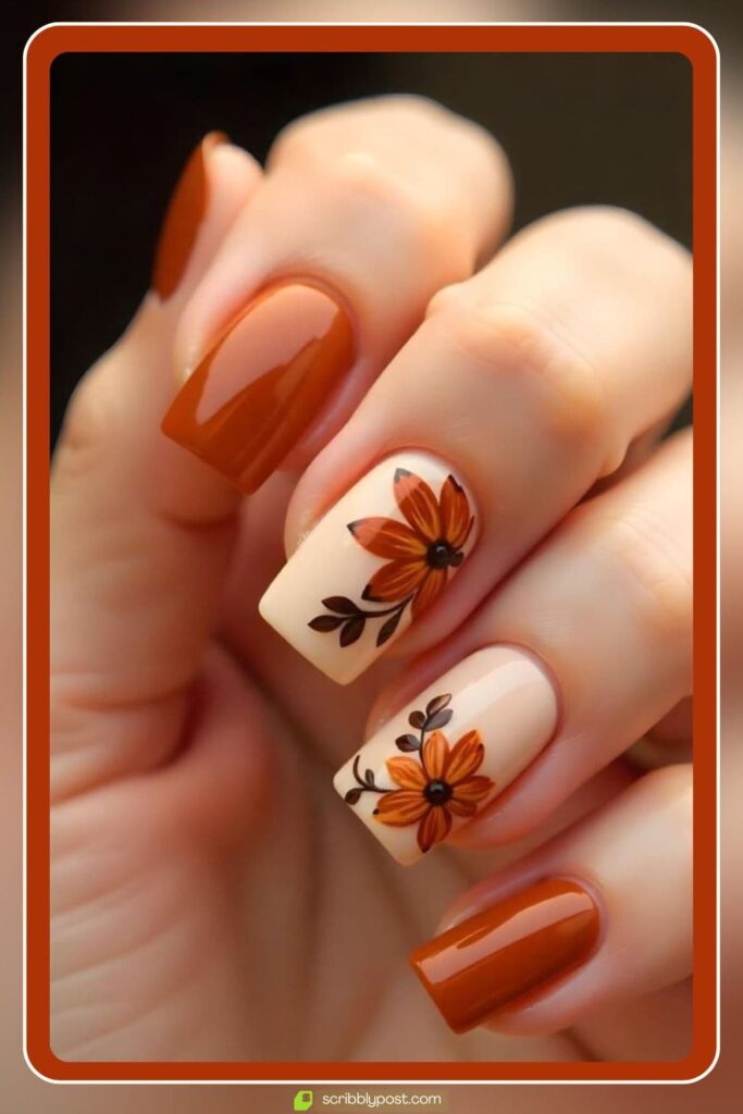 Rust & Cream Floral Nails