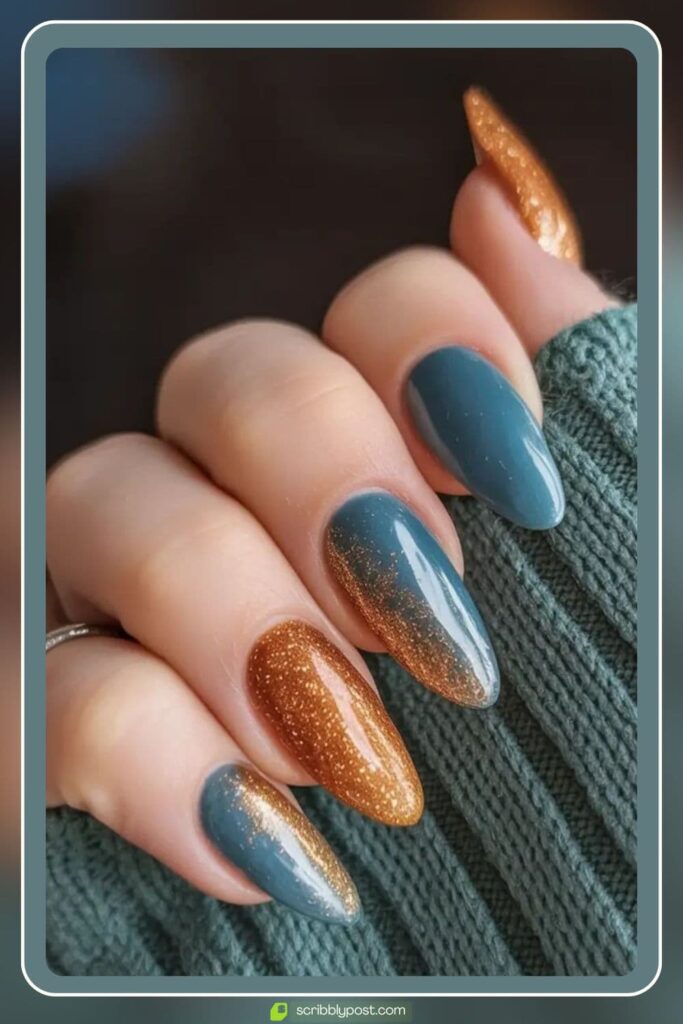 Teal & Copper Glitter Nails