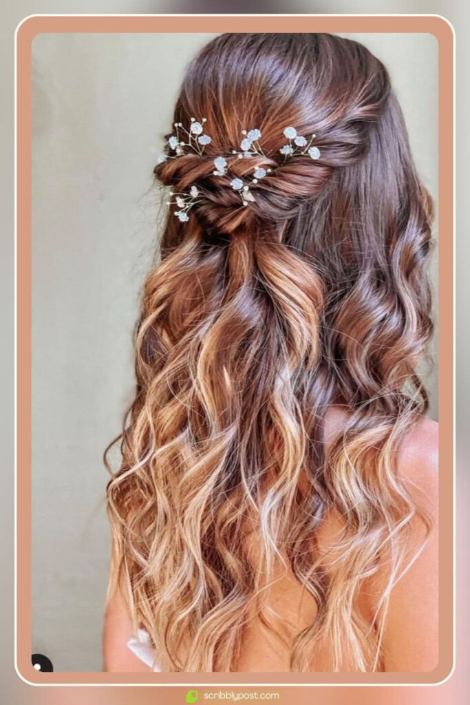 Twisted Half-Up Curls with Floral Pins