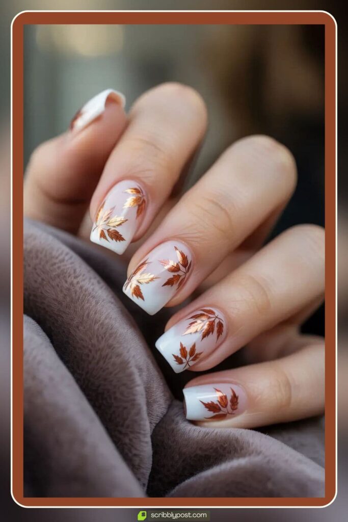 White Nails with Copper Leaf Accents