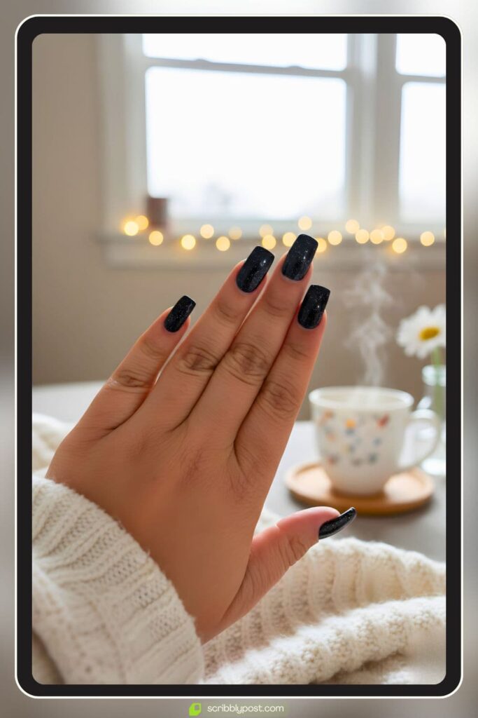 Black nails with glitter detail