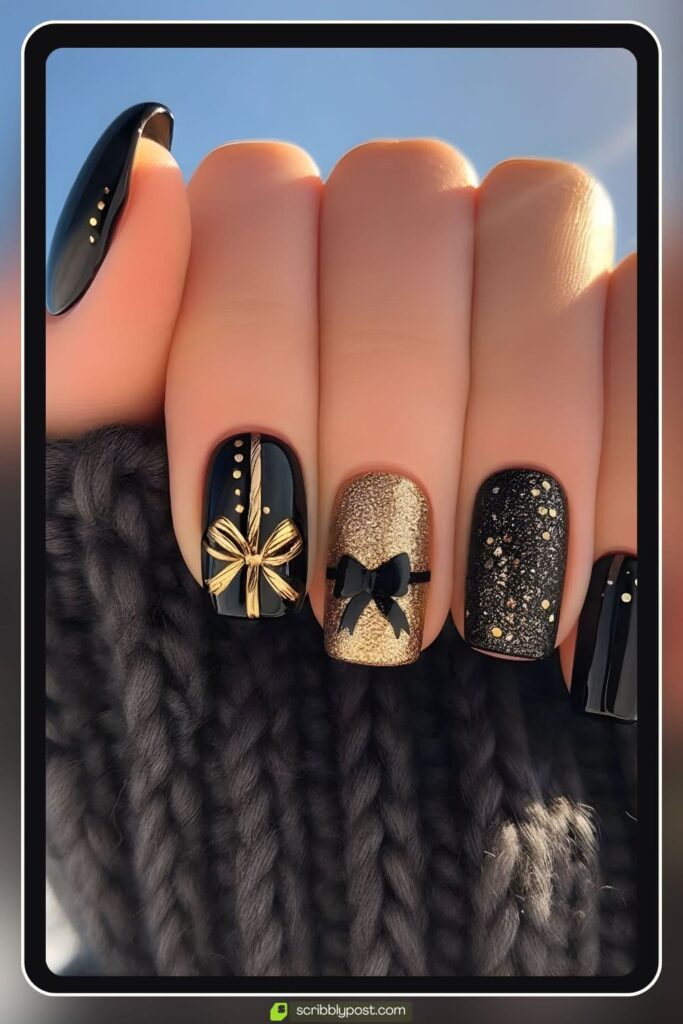 Black & Gold Bow Accent Nails