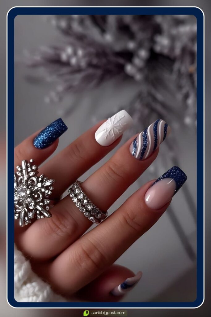 Blue & White Winter Swirl Nails