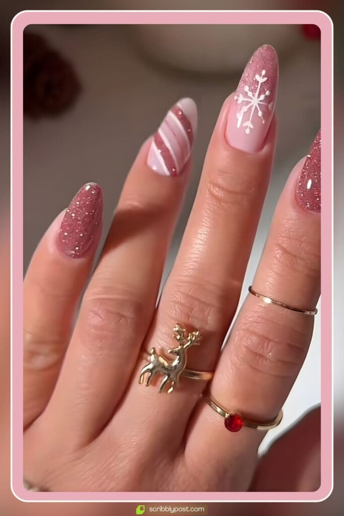 Blush Glitter Snowflake Nails