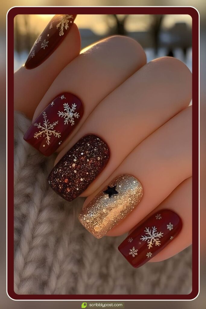Burgundy, Gold & Snowflake Holiday Nails