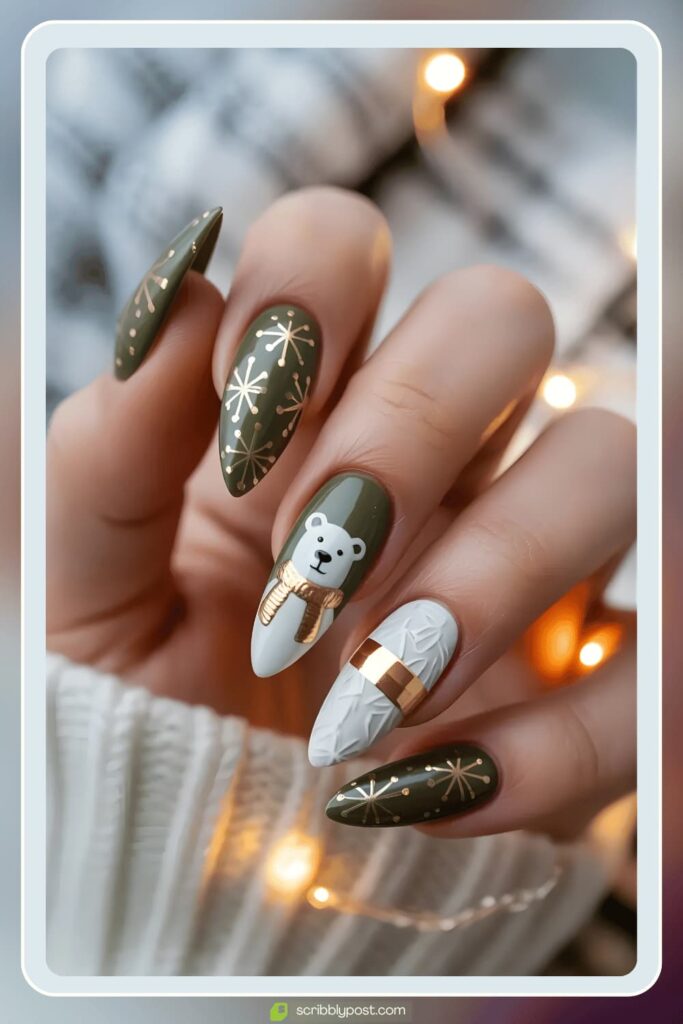 Cozy Green & Bear Winter Nails