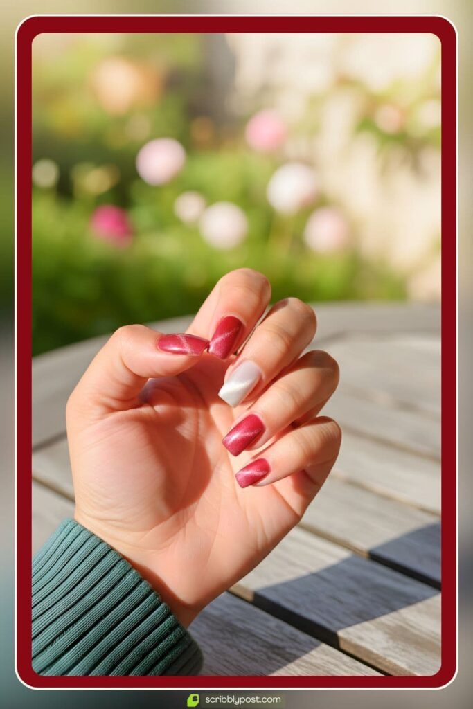 Deep red metallic nails with neutral accent