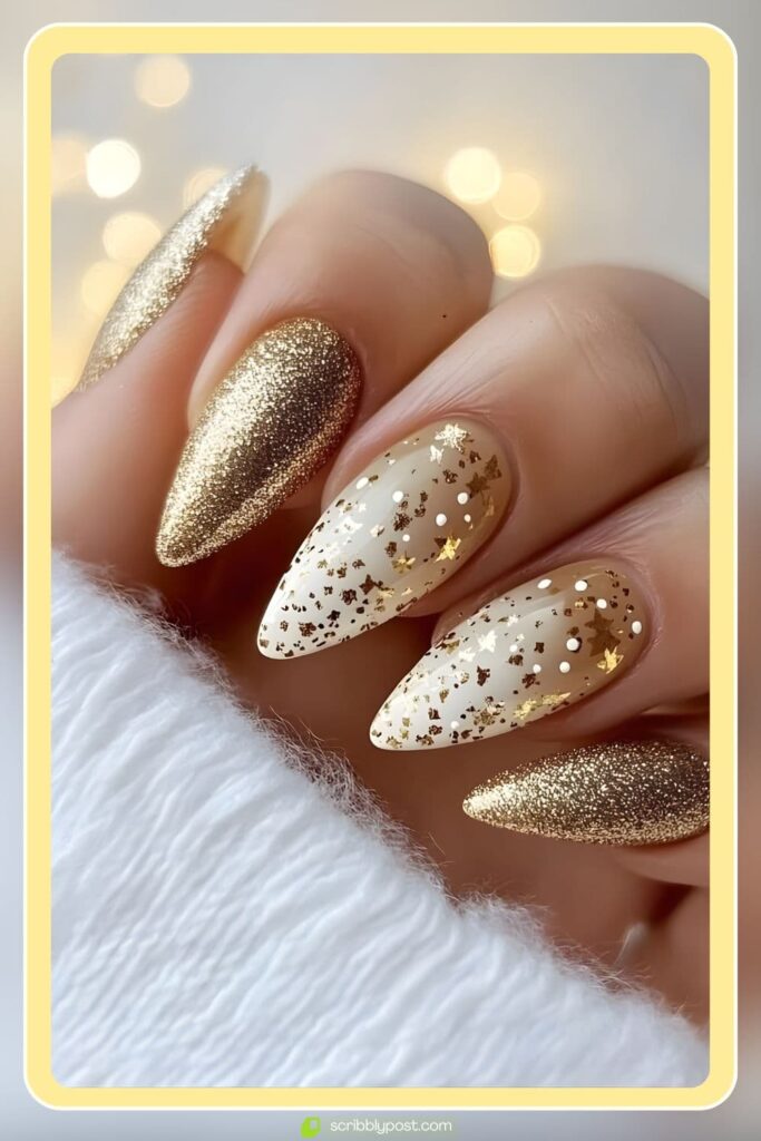 Gold Glitter & Nude Almond Nails