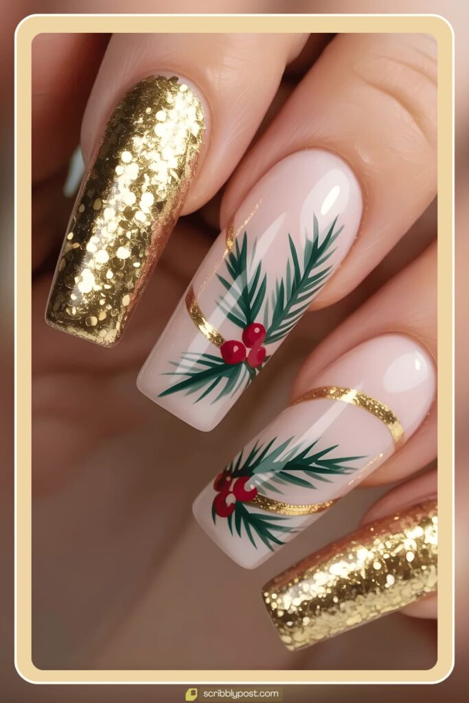 Gold & Pine Holiday Nails