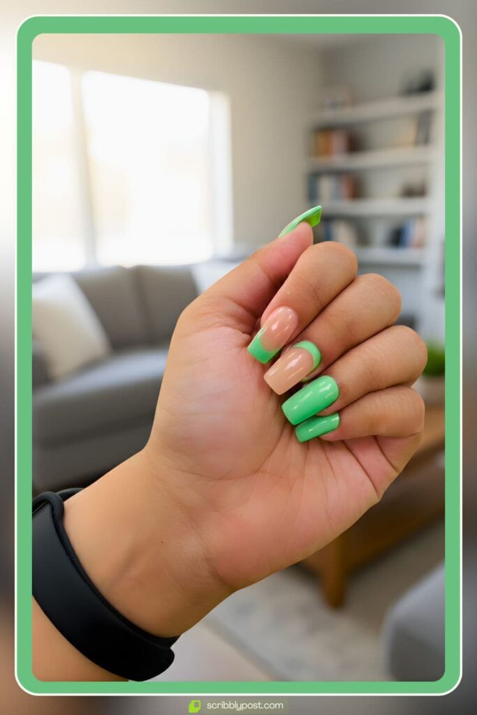 Green French tips on nude nails