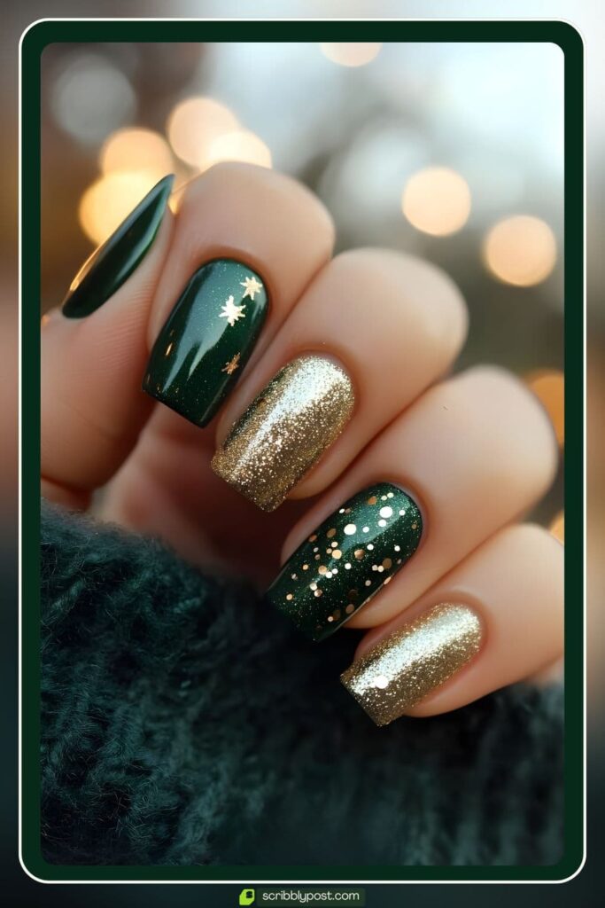 Green & Gold Festive Sparkle Nails