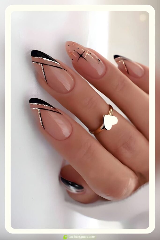 Nude & Black Geometric French Nails