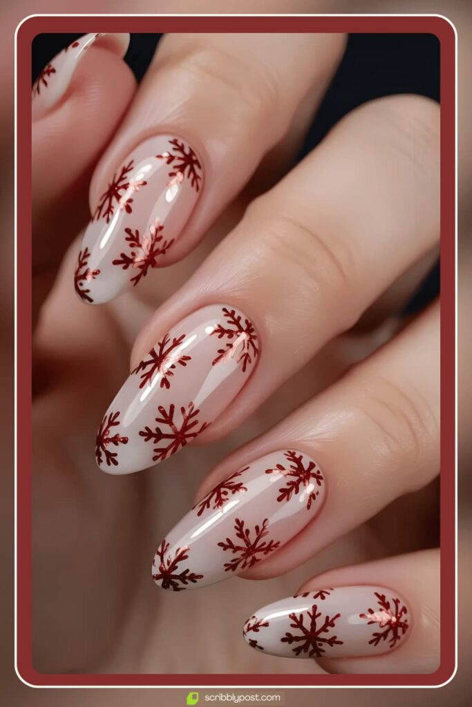 Nude Nails with Red Snowflakes