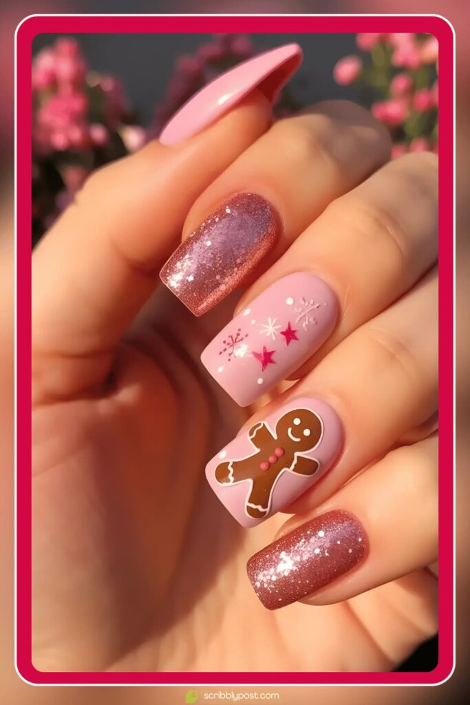 Pink Gingerbread Christmas Nails