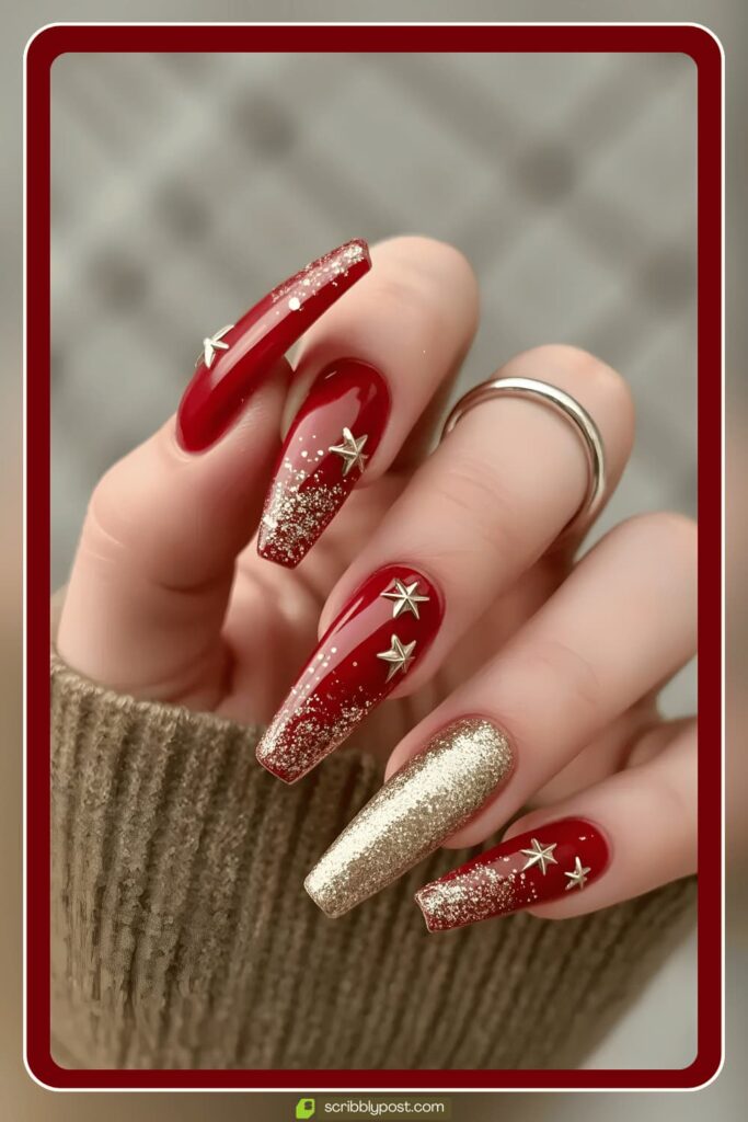 Red & Gold Starry Holiday Nails
