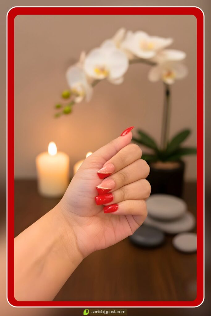 Red and nude nails with gold edge