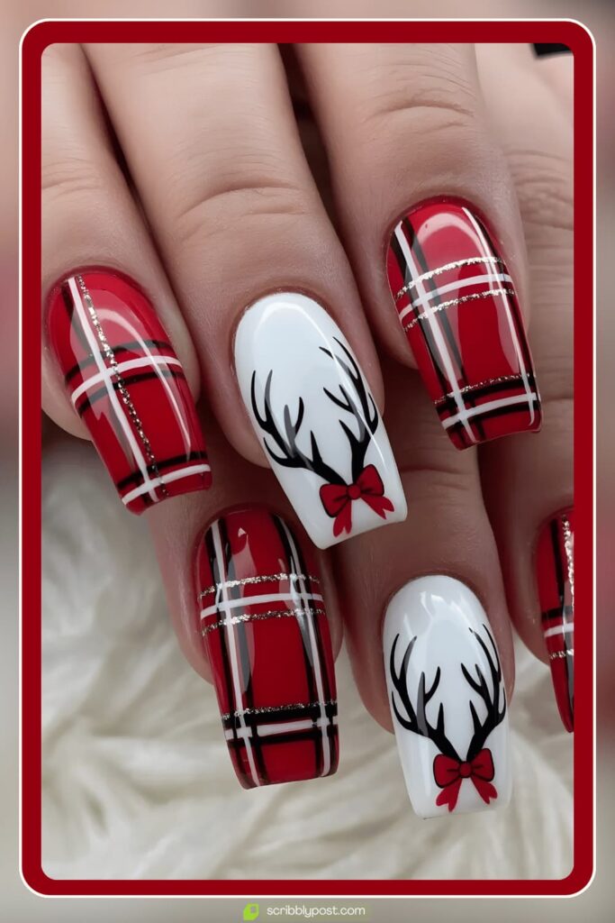 Red Plaid & Reindeer Accent Nails