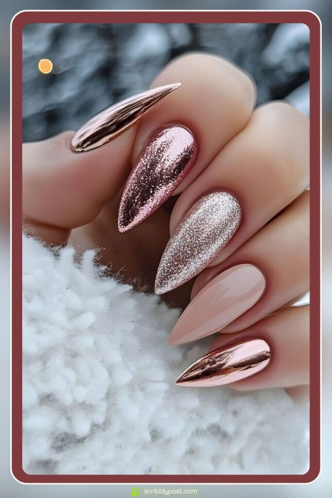 Rose Gold Chrome & Nude Almond Nails