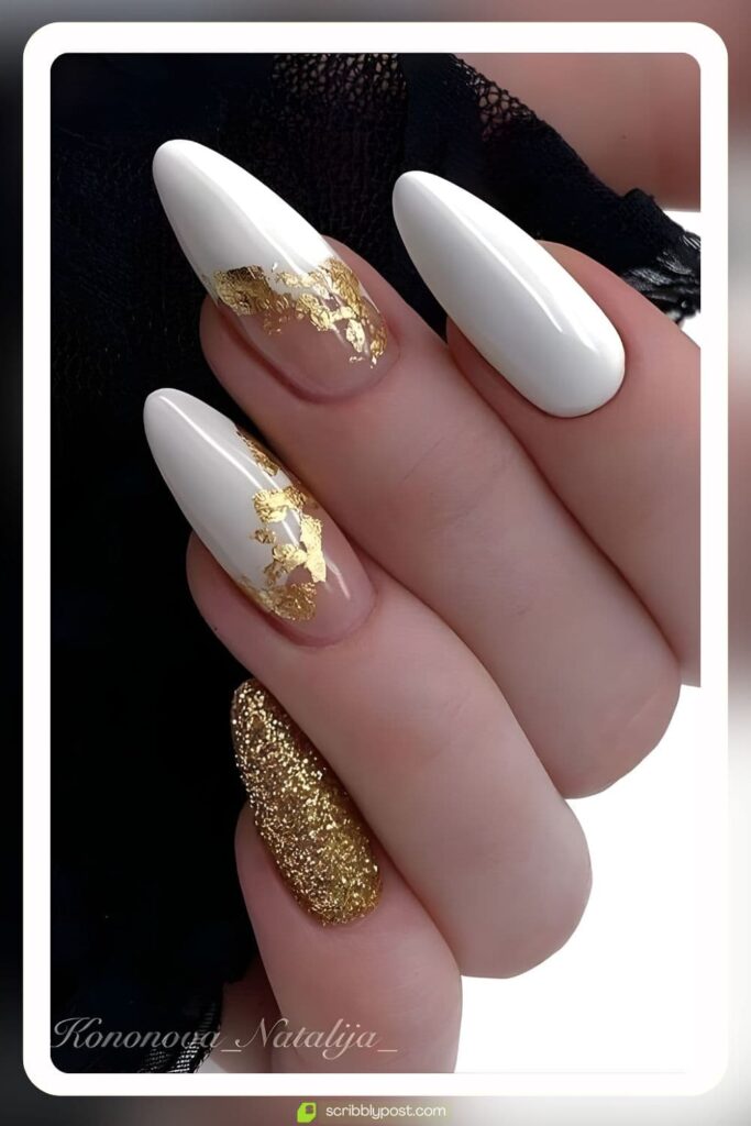 White & Gold Foil Accent Nails