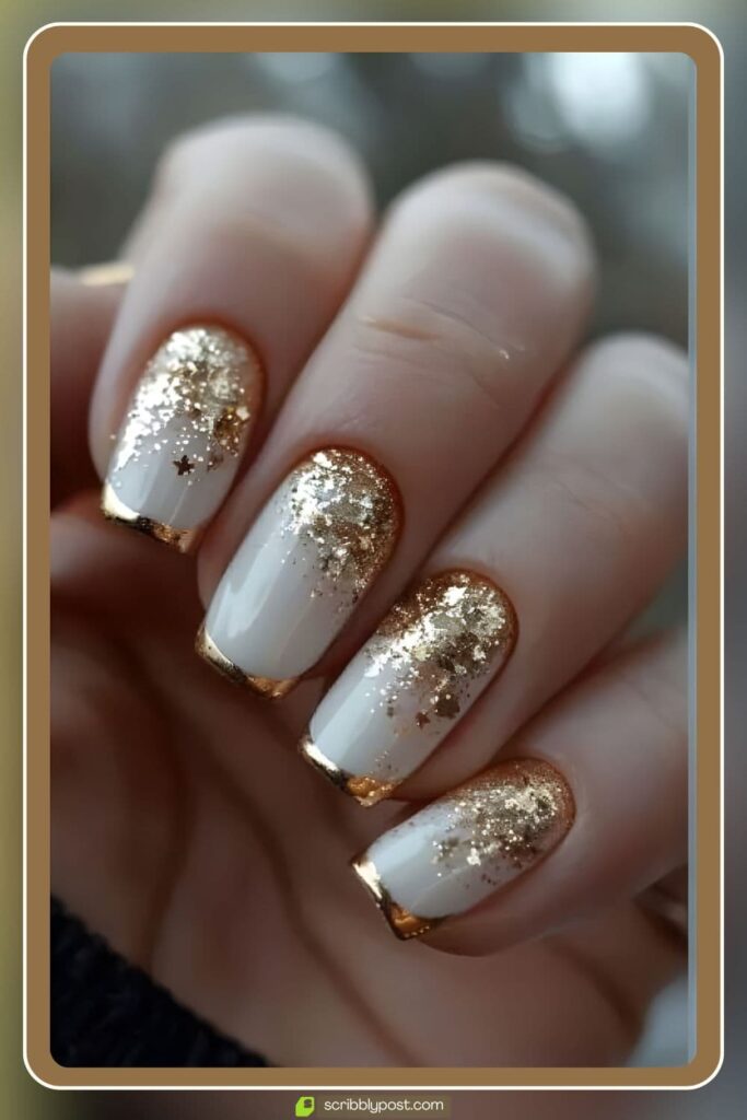 White & Gold Glitter French Tips