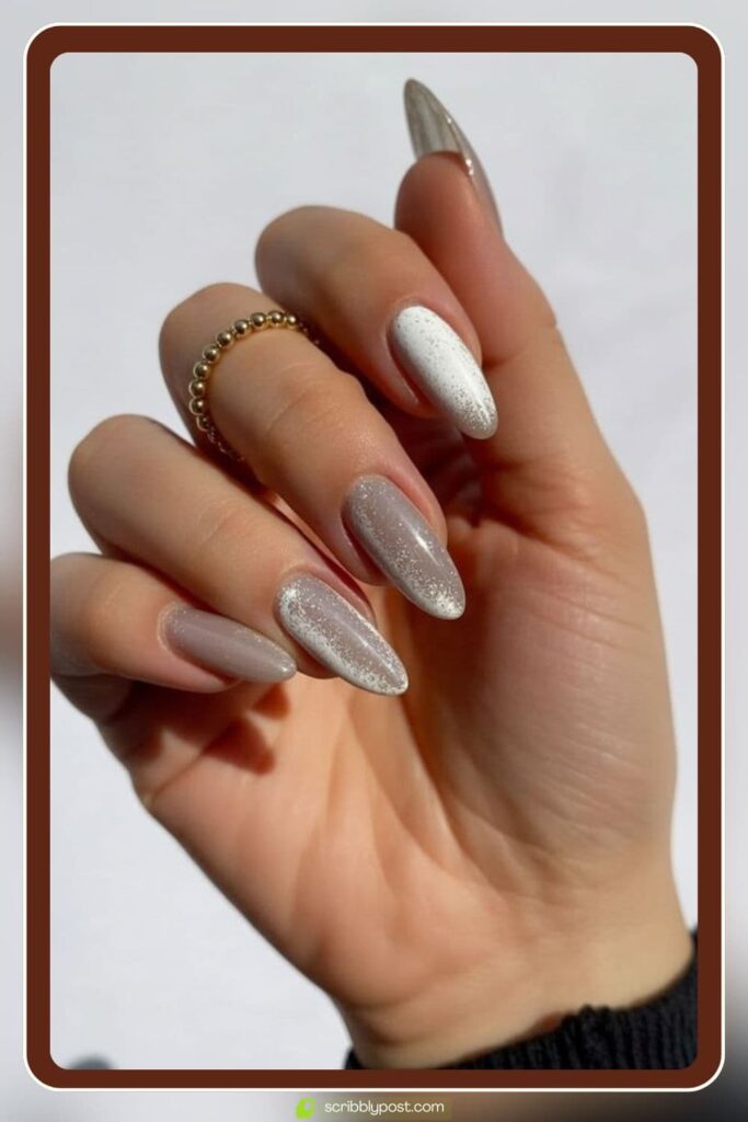 Neutral Grey & White Shimmer Almond Nails