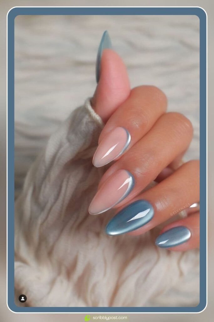 Nude & Blue Chrome Accent Nails