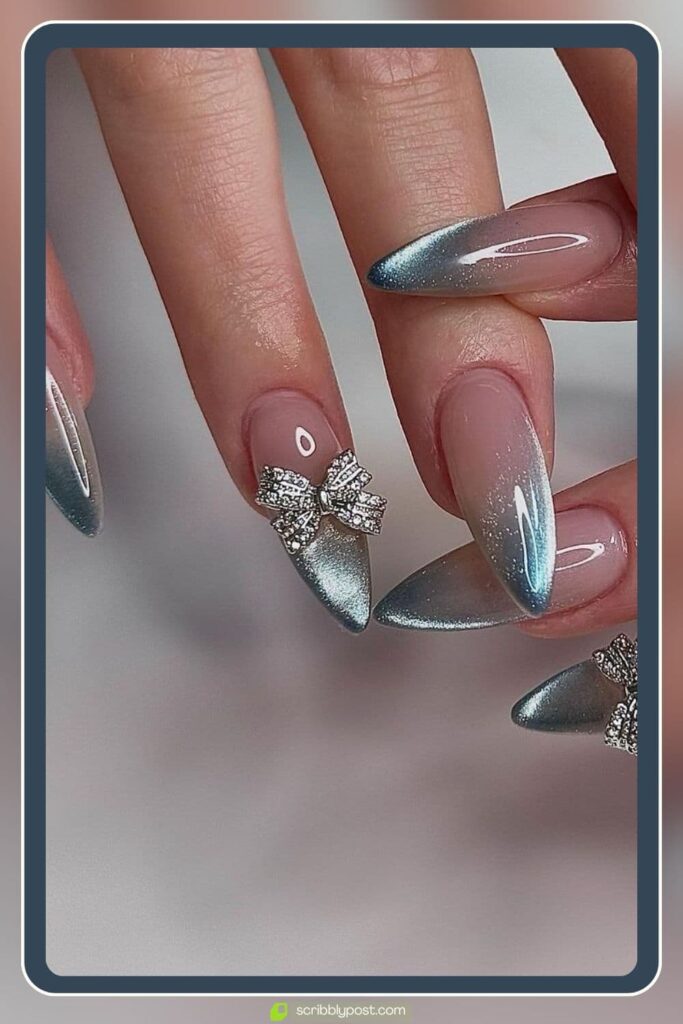 Nude to Blue Chrome Gradient with Bow Accents