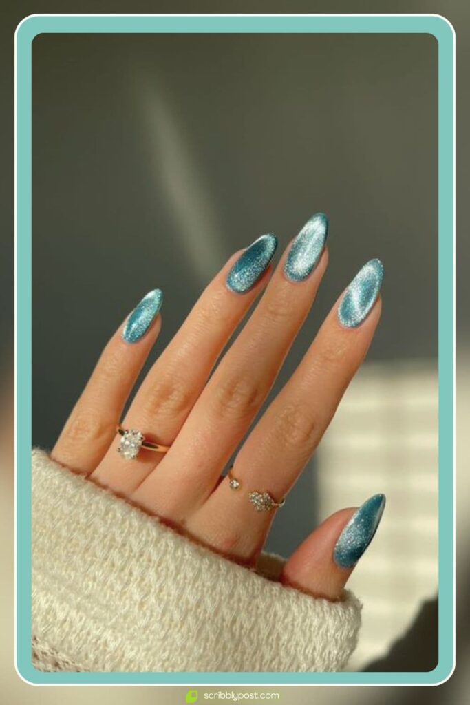 Teal Metallic Almond Nails