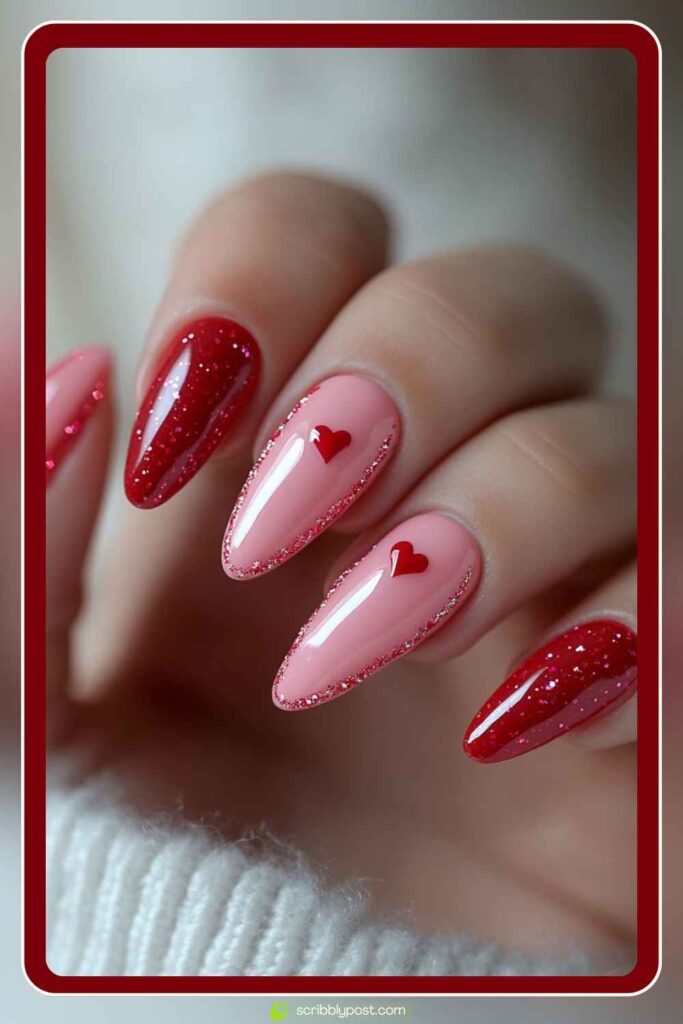 Nude Pink with Red Glitter Tips & Mini Hearts