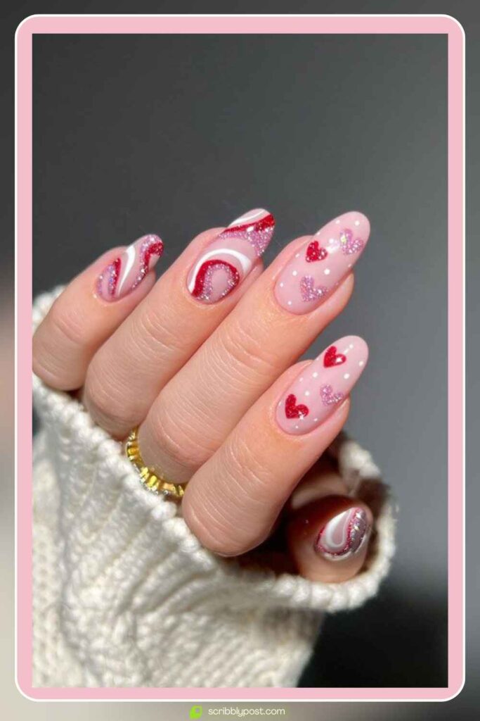 Pink Base with Red Swirls & Glitter Hearts