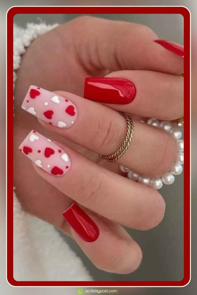 Red & White Heart Accent Nails