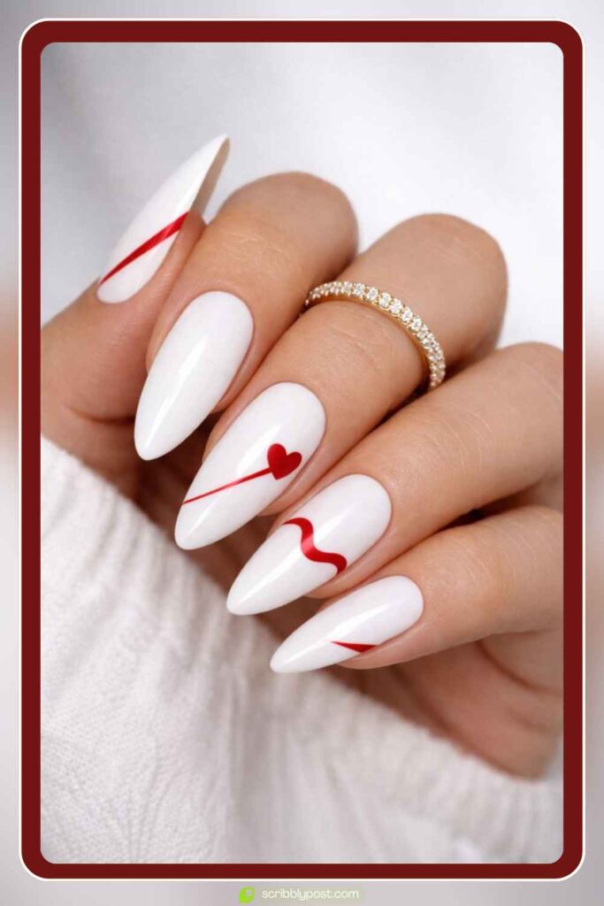 White Nails with Red Line Heart Art