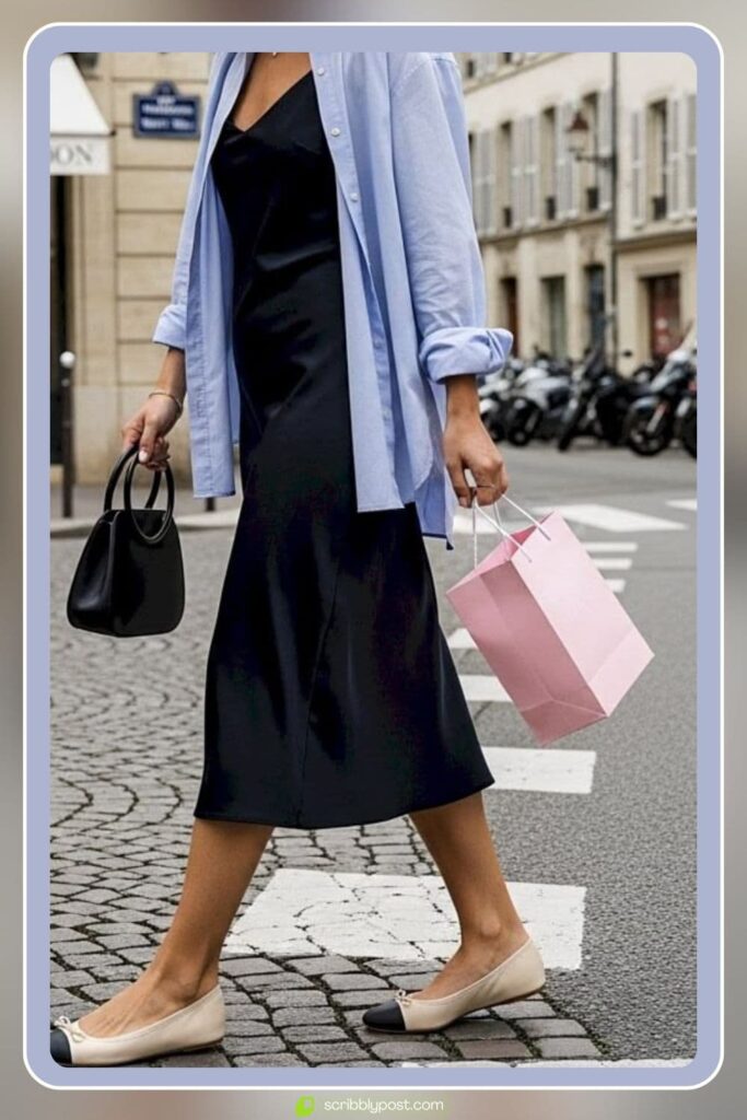 Black Dress, Light Jacket, and Ballet Flats 