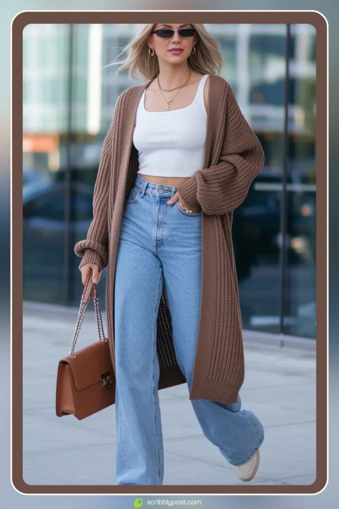 Cardigan, Tank, and Wide-Leg Jeans 