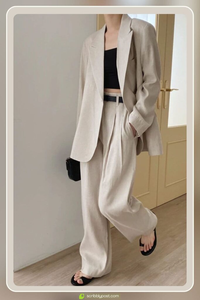 Cream Linen Blazer and Wide-Leg Linen Trousers