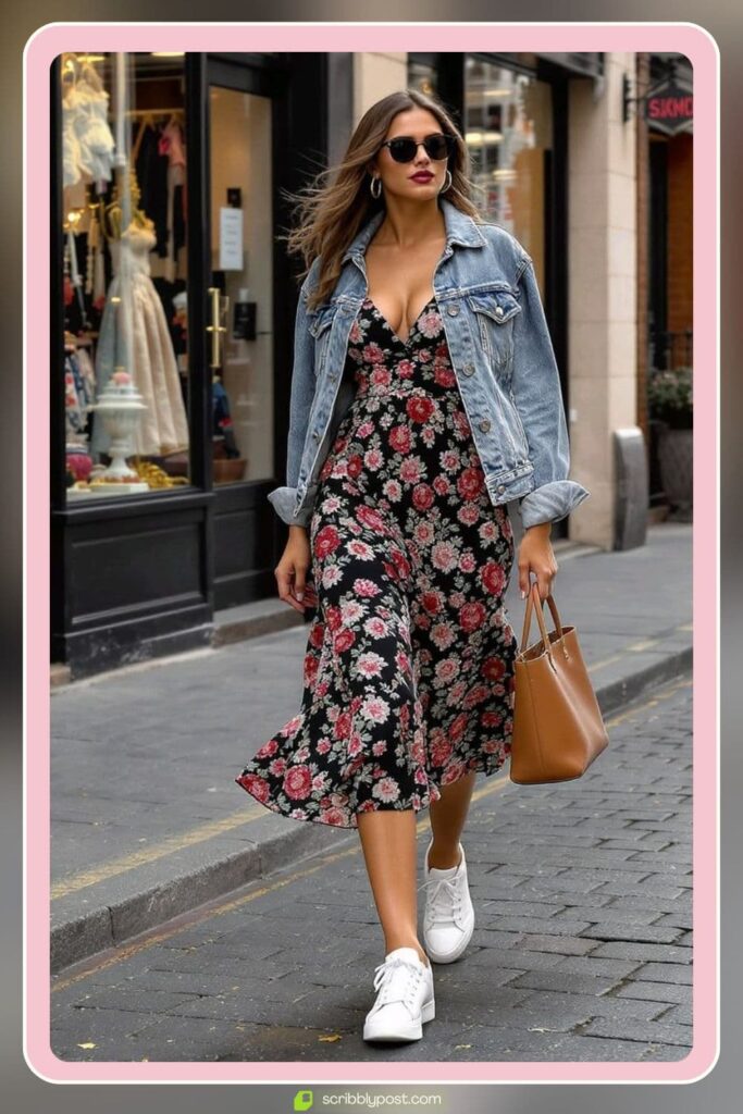 Denim Jacket and Floral Midi Dress 
