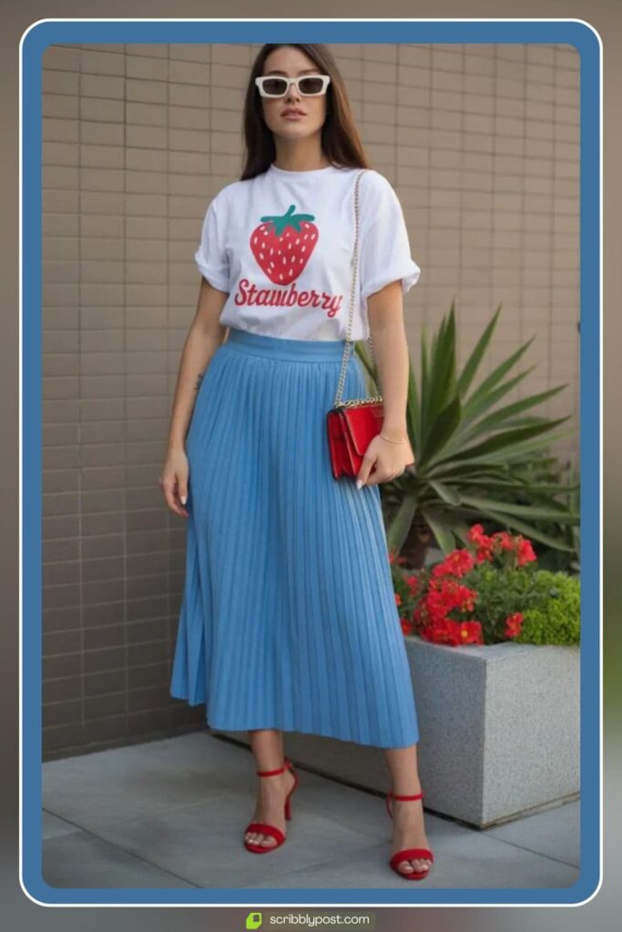 Graphic Tee Tucked Into a High-Waist Pleated Midi Skirt